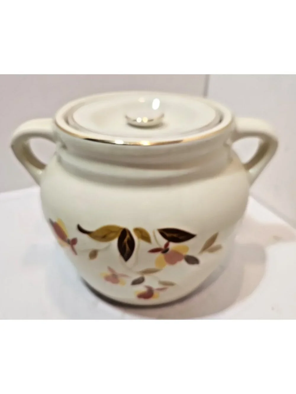 Vtg Hall Autumn Leaf 2 1/4 QT 2 Handled Bean Pot & Lid Mary Dunbar MCM Jewel